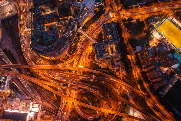 Stunning aerial view of the very crowded Hong Kong island streets