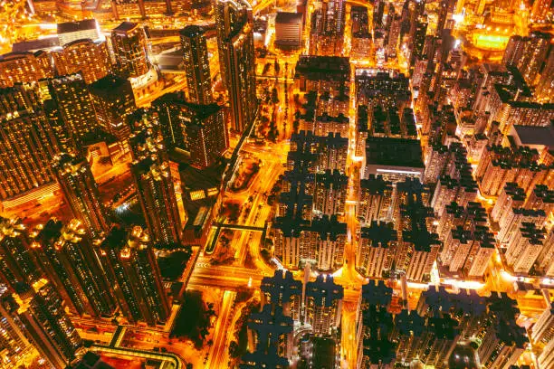 Stunning aerial view at night of golden like street in Hong Kong
