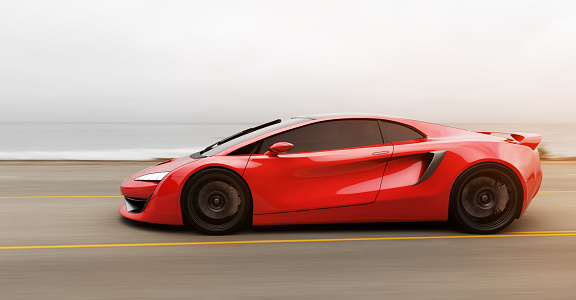 red sportscar driving on a coastial road, motion blur,  3D, car of my own design.