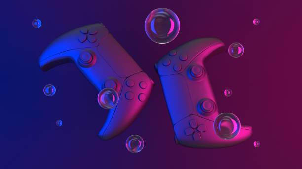 Abstract game controllers, transparent soap bubbles with reflections. Retro neon game controllers. Gamepads for games. Sci-fi Cyber futuristic purple-blue joystick. Game adventure. Virtual reality controladores de juego abstractos, burbujas de jabón transparentes con reflejos. controladores de juego de neón retro. gamepads para juegos. joystick azul púrpura futurista cyber futurista de ciencia ficción. aventura de juego. realidad virtual