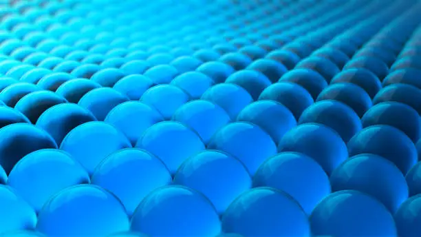 Beautiful 3d pattern with blue spheres bubbles on light background. Motion design. Transparent background. Concept art. Wave pattern. Abstract fluid particles. Abstract blue background. 3d render
