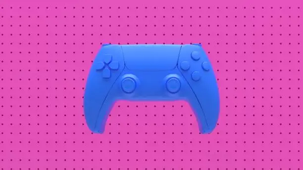 Blue standard videogame controller on a pink background with dots and holes. Blue game joystick. Gamepad for game console. 3d rendering