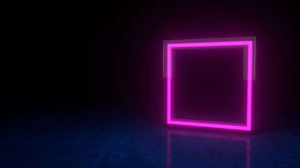 istock Futuristic neon glowing purple square symbol on black dark background with blurred reflection. Form glass rim. Geometric shape element. Neon frame sign in the shape of a square. 3d render 1309172097