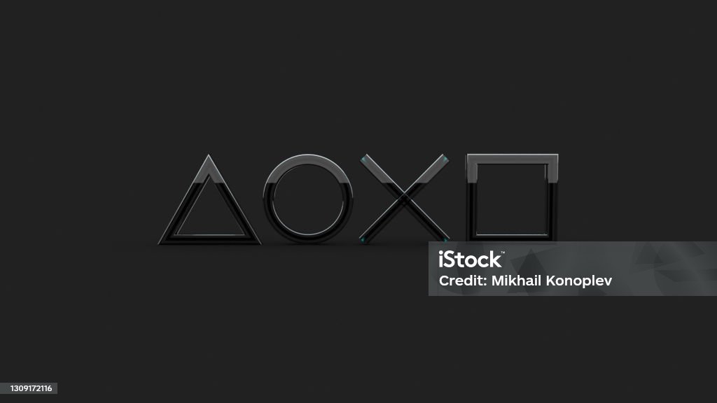 Game symbols playstation 5 icons on a black background. Cross triangle square circle. Playstation design. Concept of gaming and entertainment. 3d render Video Game Stock Photo
