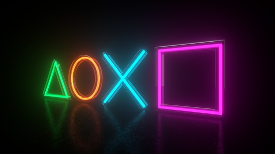 Geometry Neon lights in the room with Modern Blue Ambient lights background. Game symbols playstation icons. 3D Render