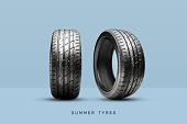 two new summer tires on a blue background. The inscription summer tyres