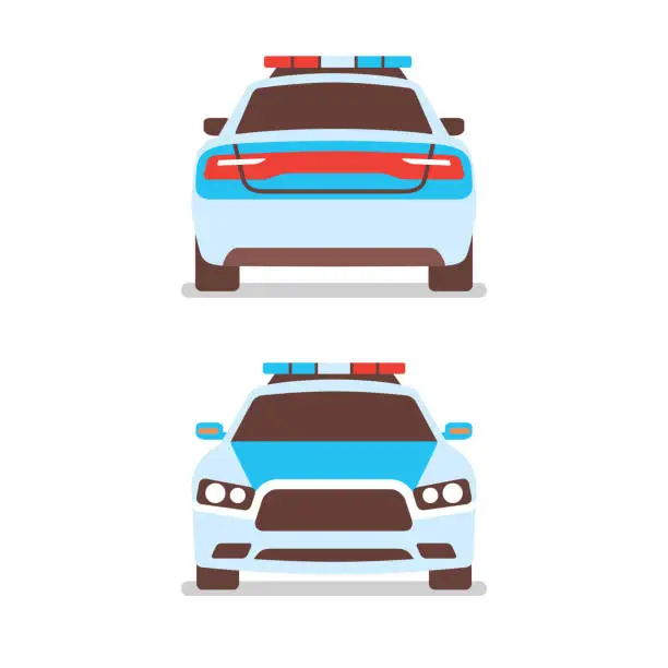 Vector illustration of Different angle of police car patrol vehicle siren front and back view flat isolated objects vector illustration