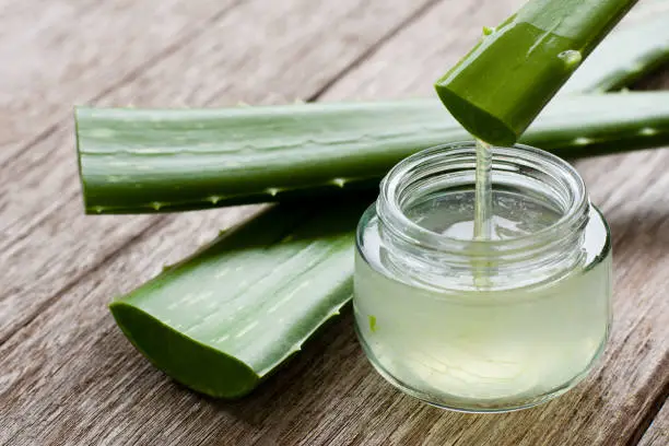 Aloe vera leaf and aloevera gel on wood table background.