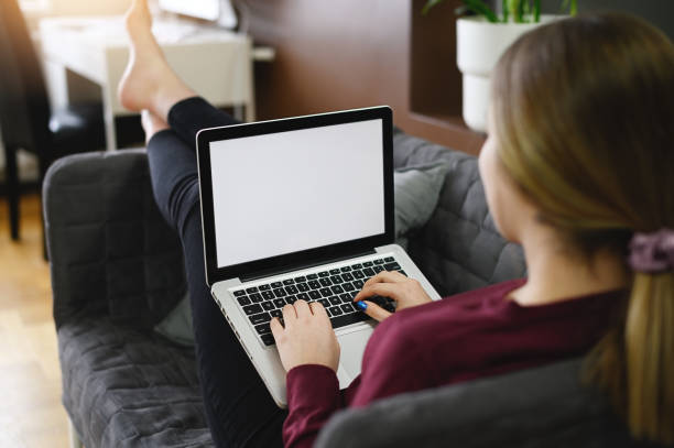 istock young woman using laptop while sitting on comfortable sofa, home interior. Stay at home. 1309200838