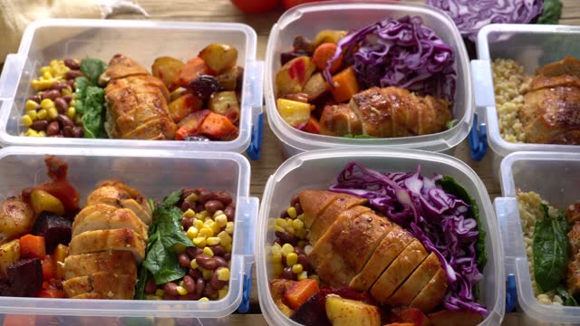 Food Delivery, Restaurant Takeout, Order Food. Reusable lunchboxes with prepared healthy food. Healthy eating