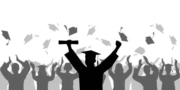 Vector illustration of Graduation ceremony. Cheerful Graduate in mantle and mortarboard with diploma on background of crowd people throwing square academic cap. Vector illustration