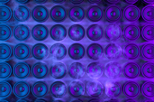 3d rendering of Audio Speaker Background with Neon Lights and Smoke. Music party concept.