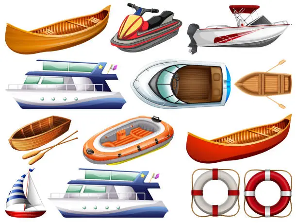 Vector illustration of Set of different kind of boats and ship isolated on white background