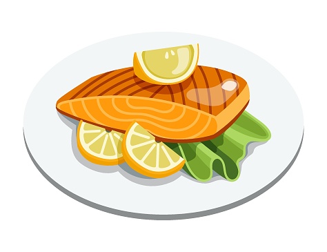 Grilled salmon fillet fish on plate. Cooked tuna steak with lemon and lettuce leaves. Cartoon vector seafood illustration.
