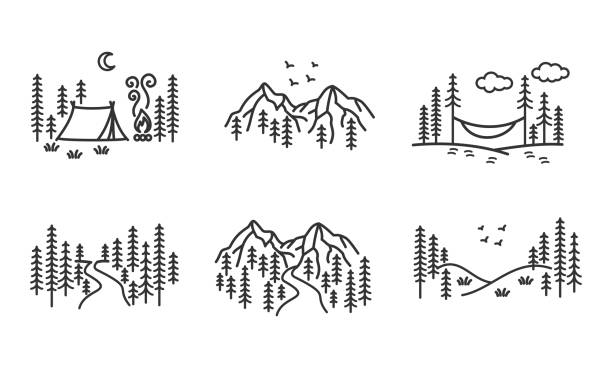 Beautiful, modern, minimalist set of wilderness, camping and outdoors vector illustrations Beautiful, modern, minimalist set of wilderness, camping and outdoors vector illustrations art weed stamp stock illustrations