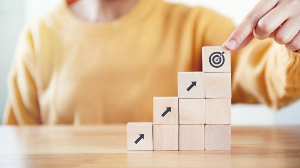 istock Business concept growth success process, Woman hand arranging wood block stacking as step stair to goal. 1309209621