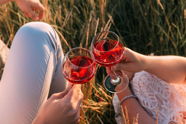 adult caucasian man and woman hands toasting red wine glasses. toast and clinking clatter glasses. - rose rosé women valentines day imagens e fotografias de stock