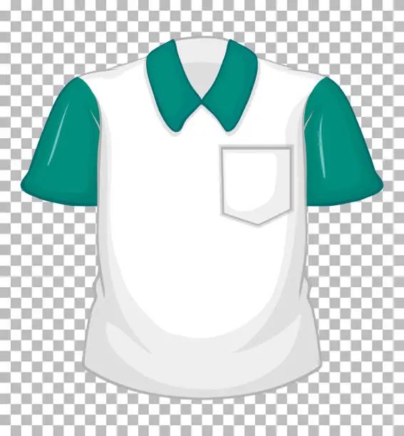 Vector illustration of Blank white shirt with green short sleeves and pocket on transparent