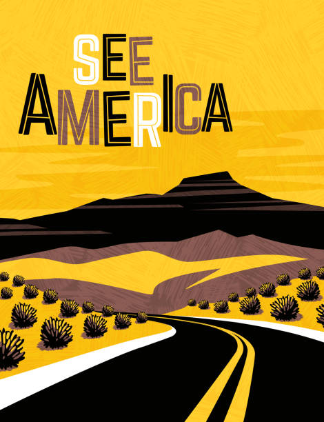 Retro travel poster design of southwest United States. For poster, banner, travel sticker. Retro travel poster design of southwest United States. For poster, banner, travel sticker. Vector illustration. new mexico landscape stock illustrations