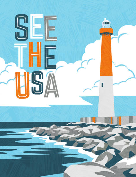 Retro travel poster design of lighthouse and rocky coast. For poster, banner, travel sticker. Retro travel poster design of lighthouse and rocky coast. For poster, banner, travel sticker. Vector illustration. lighthouse drawings stock illustrations