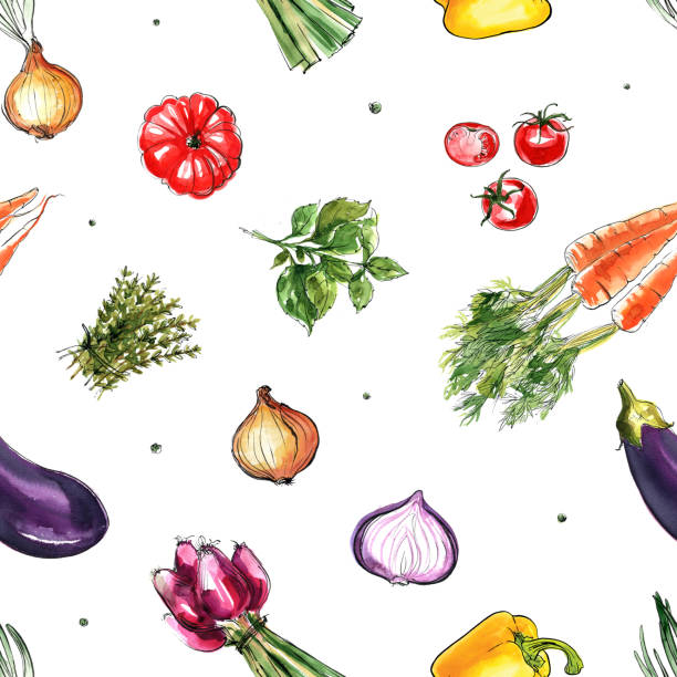istock Pattern of vegetables drawn watercolor on a white background. Tomato, onion, radish, paprika, spices and herbs. Colored vegetables and herbs. Vegetarianism, farming, food sketch. 1309211586