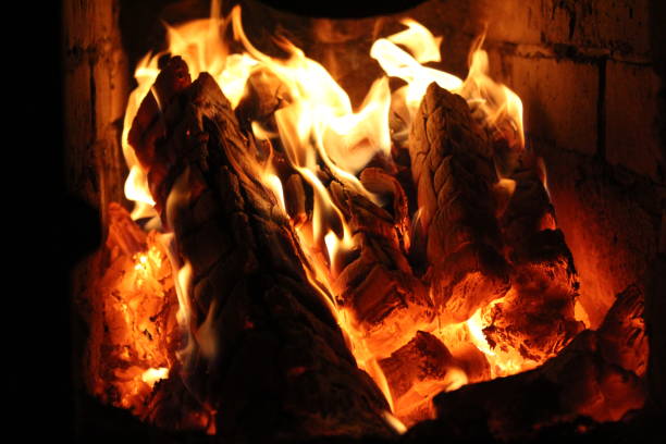 istock Burning Blue Fire and Coals in Chimney Fireplace 1309211628