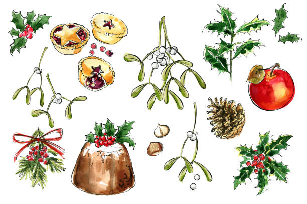 Christmas decor. Food Sketch watercolor and ink. Pudding, tart, apple, mistletoe, holly, mince pies Christmas decor. Food Sketch watercolor and ink. Pudding, tart, apple, mistletoe, holly, mince pies christmas pudding stock illustrations