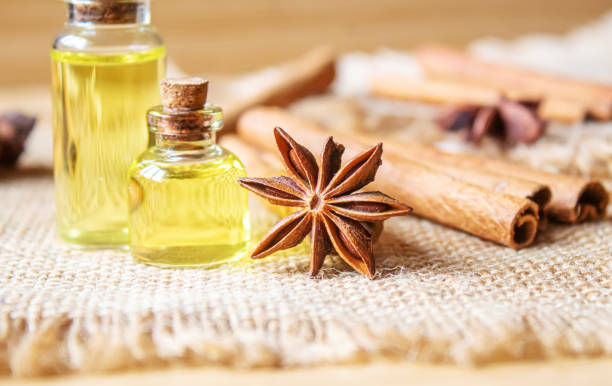 istock Star anise and cinnamon oil in a bottle. Selective focus. 1309211999