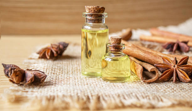 istock Star anise and cinnamon oil in a bottle. Selective focus. 1309212001