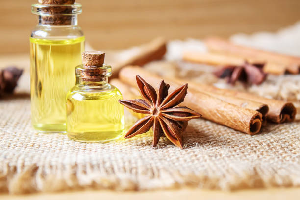 istock Star anise and cinnamon oil in a bottle. Selective focus. 1309212016