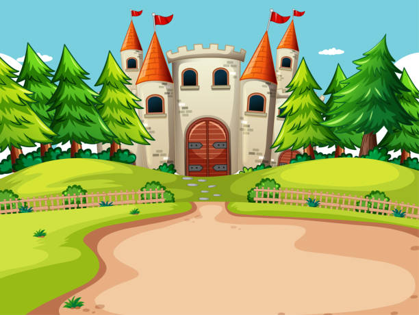 ilustraciones, imágenes clip art, dibujos animados e iconos de stock de escena al aire libre con gran castillo y elementos naturales - castle fairy tale palace forest