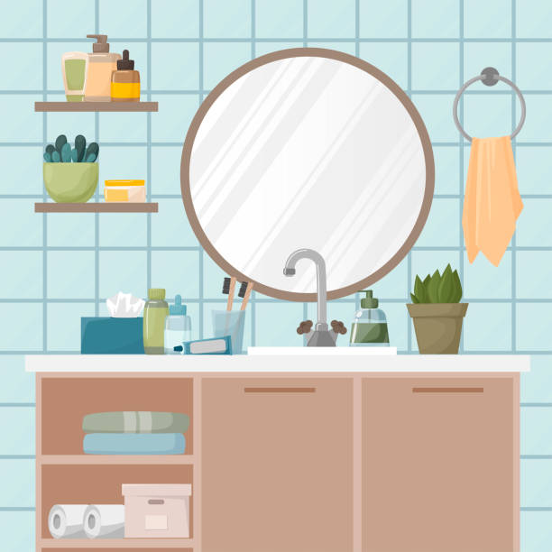 バスルームに棚付きの鏡とワードローブが備わります。歯磨き粉、歯ブラシ、石鹸、スキンケア製品、ワイプ、タオル。バスルームの植物。フラットベクトルイラスト.v - bathroom sink illustrations点のイラスト素材／クリップアート素材／マンガ素材／アイコン素材