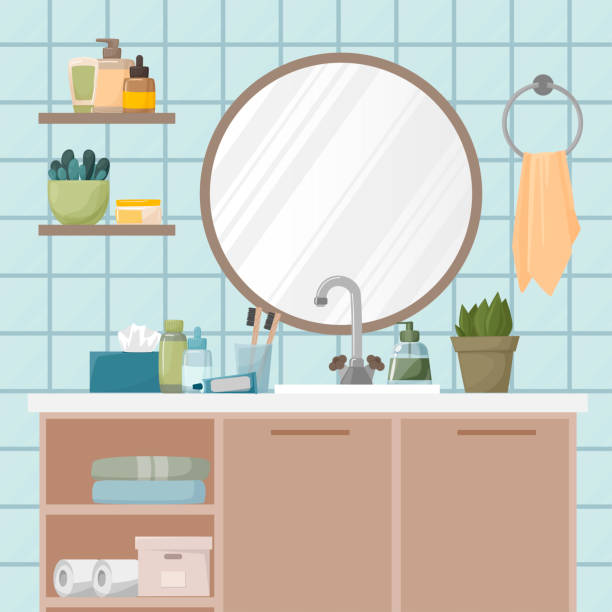 Mirror and wardrobe with shelves in the bathroom. Toothpaste, toothbrushes, soap, skin care products, wipes and towels. Plants in the bathroom. Flat vector illustration.v Mirror and wardrobe with shelves in the bathroom. Toothpaste, toothbrushes, soap, skin care products, wipes and towels. Plants in the bathroom. Flat vector illustration. bathroom sink stock illustrations