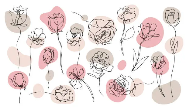 Vector illustration of Vector set of hand drawn, single continuous line flowers with pastel color spots. Art floral elements. Use for t-shirt prints, logos, cosmetics and beauty design