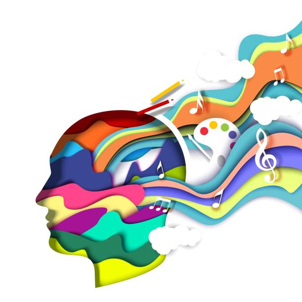 ilustraciones, imágenes clip art, dibujos animados e iconos de stock de cabeza de hombre cortada en papel con formas abstractas vibrantes, ilustración vectorial. mente creativa, arte, pensamiento. logotipo de artista creativo - creativity