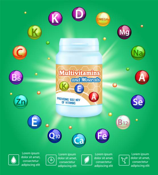 ilustraciones, imágenes clip art, dibujos animados e iconos de stock de plantilla de póster vectorial de publicidad compleja multivitamínico. suplementos vitamínicos y minerales. atención médica, industria farmacéutica - healthcare and medicine medical exam capsule vitamin a