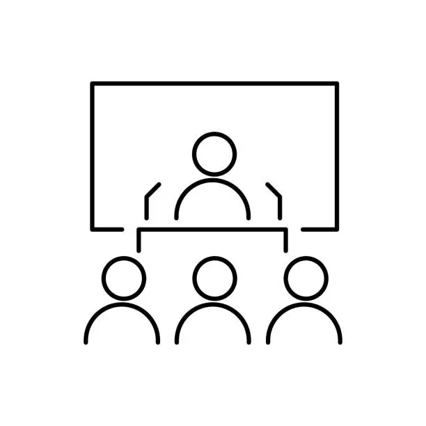 Vector illustration of Speaker or conference thin line icon in black. Person behind the pulpit on presentation. Business coach behind the podium sign. Man on the background of a screen or blackboard. Ui, ux. Vector EPS 10