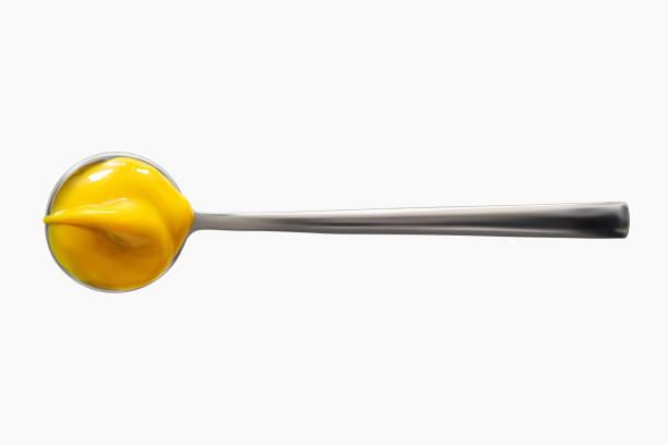 istock Creamy American mustard on spoon realistic 3d vector illustration isolated on white background. Portion of sauce. Close-up seasoning and dip 1309220060