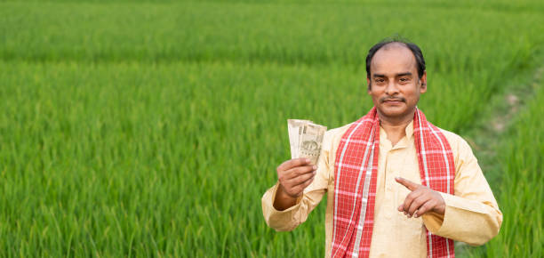 istock Farmer holding Indian Rupee notes in middle of green Crops. 1309220686