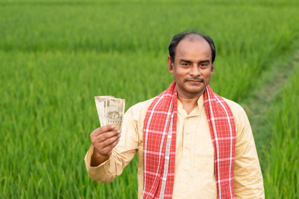 istock Farmer holding Indian Rupee notes in middle of green Crops. 1309220722