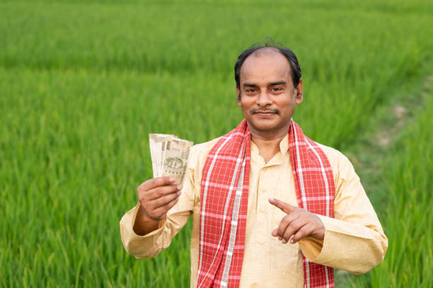 istock Farmer holding Indian Rupee notes in middle of green Crops. 1309220800
