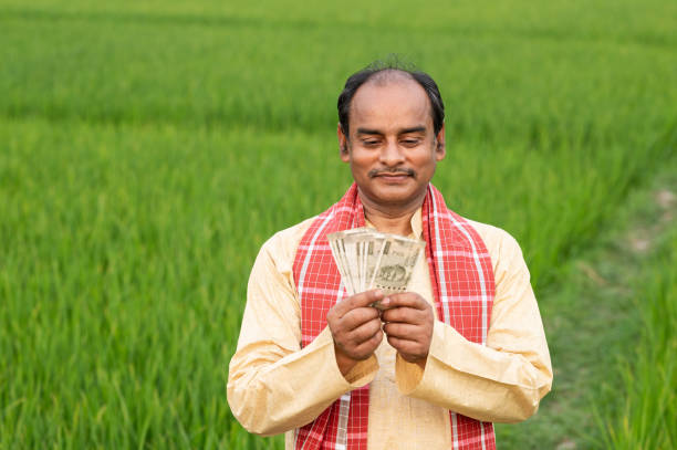 istock Farmer holding Indian Rupee notes in middle of green Crops. 1309220853