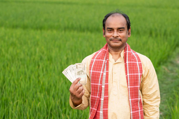 istock Farmer holding Indian Rupee notes in middle of green Crops. 1309220883