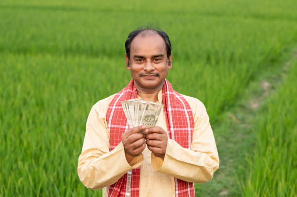 istock Farmer holding Indian Rupee notes in middle of green Crops. 1309220909