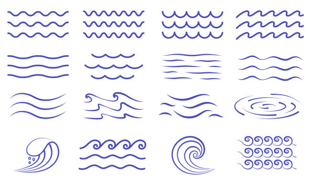 illustrazioni stock, clip art, cartoni animati e icone di tendenza di grande set di icone dell'acqua che mostrano onde e surf - water wave rippled river