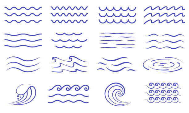 ilustrações de stock, clip art, desenhos animados e ícones de large set of water icons showing waves and surf - water wave rippled river