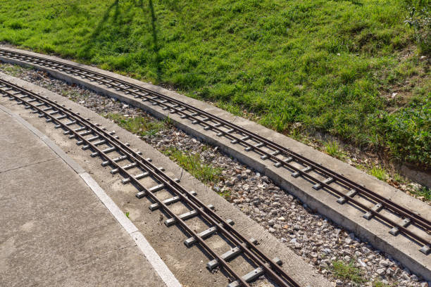 istock View of two scale train tracks among vegetation 1309223642