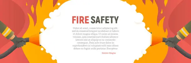 Vector illustration of Fire safety vector illustration. Precautions the use of fire background template. A firefighter fights a fire cartoon flat design. Natural fires and disasters web banner