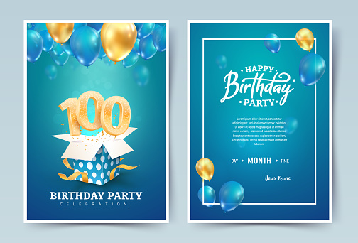 100th years birthday vector invitation double card. One hundred years wedding anniversary celebration brochure. Template of invitational for print on blue background.