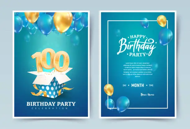 Vector illustration of 100th years birthday vector invitation double card. One hundred years wedding anniversary celebration brochure. Template of invitational for print on blue background